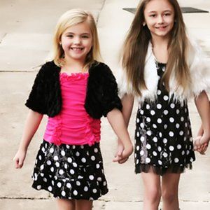 Lipstik Girls Designer 3pc Outfit Sequin Skirt Faux Fur Bolero & Pink Top sz 7 8